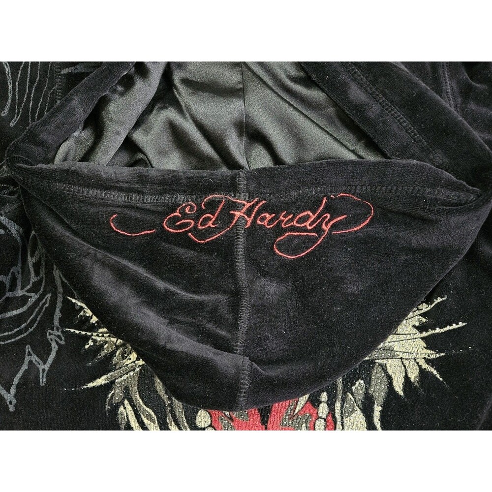 Rare Vtg Ed Hardy Velour Black Christian Audigier Tiger Zip Up Hoodie Sz XS Y2K - Picture 11 of 14